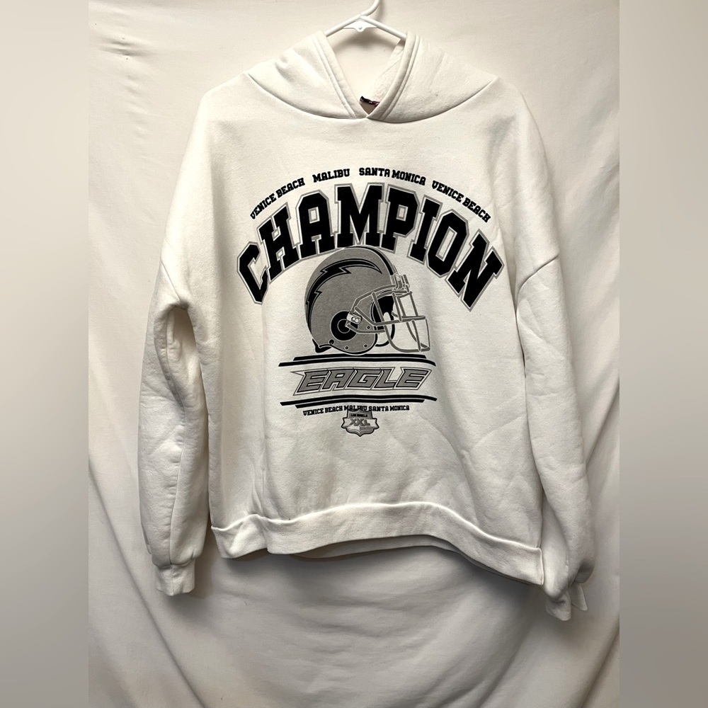 Edikted Champion White Pullover Oversized Thick Hoodie with Graphic Print XS